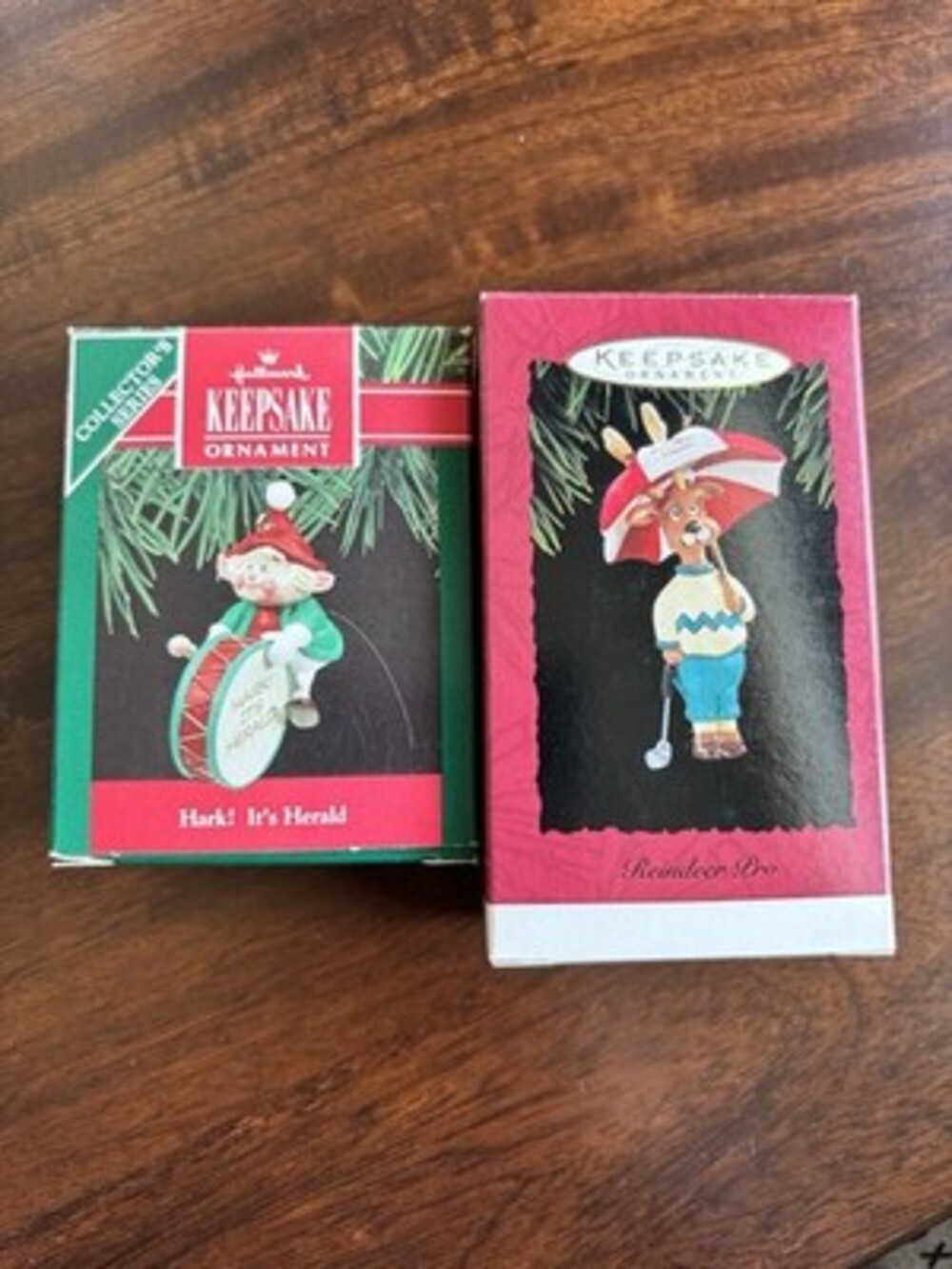 Two Vintage Hallmark Ornaments “Hark it Herald" and “Reindeer Pro”